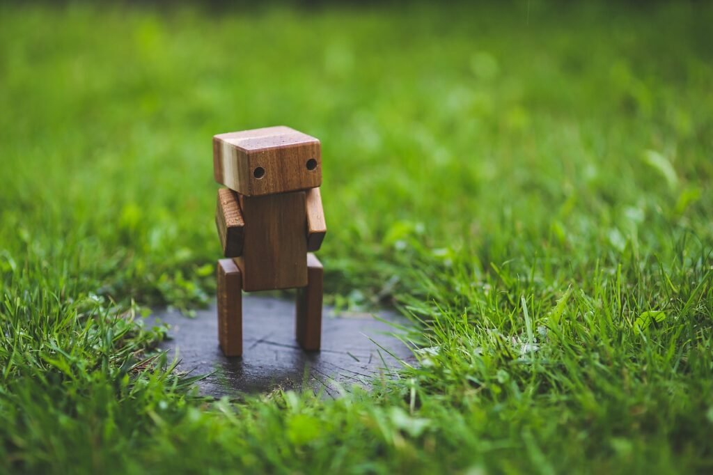 wooden, robot, grass